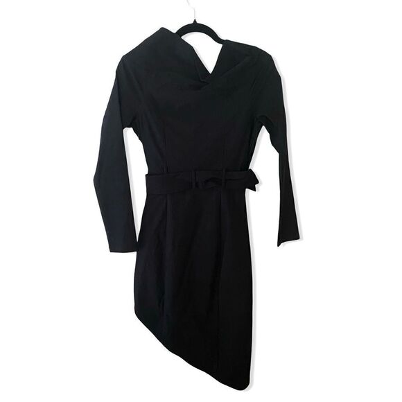 Michael Costello x Revolve Marci Dress black stretch mini off shoulder belted S - Picture 6 of 9